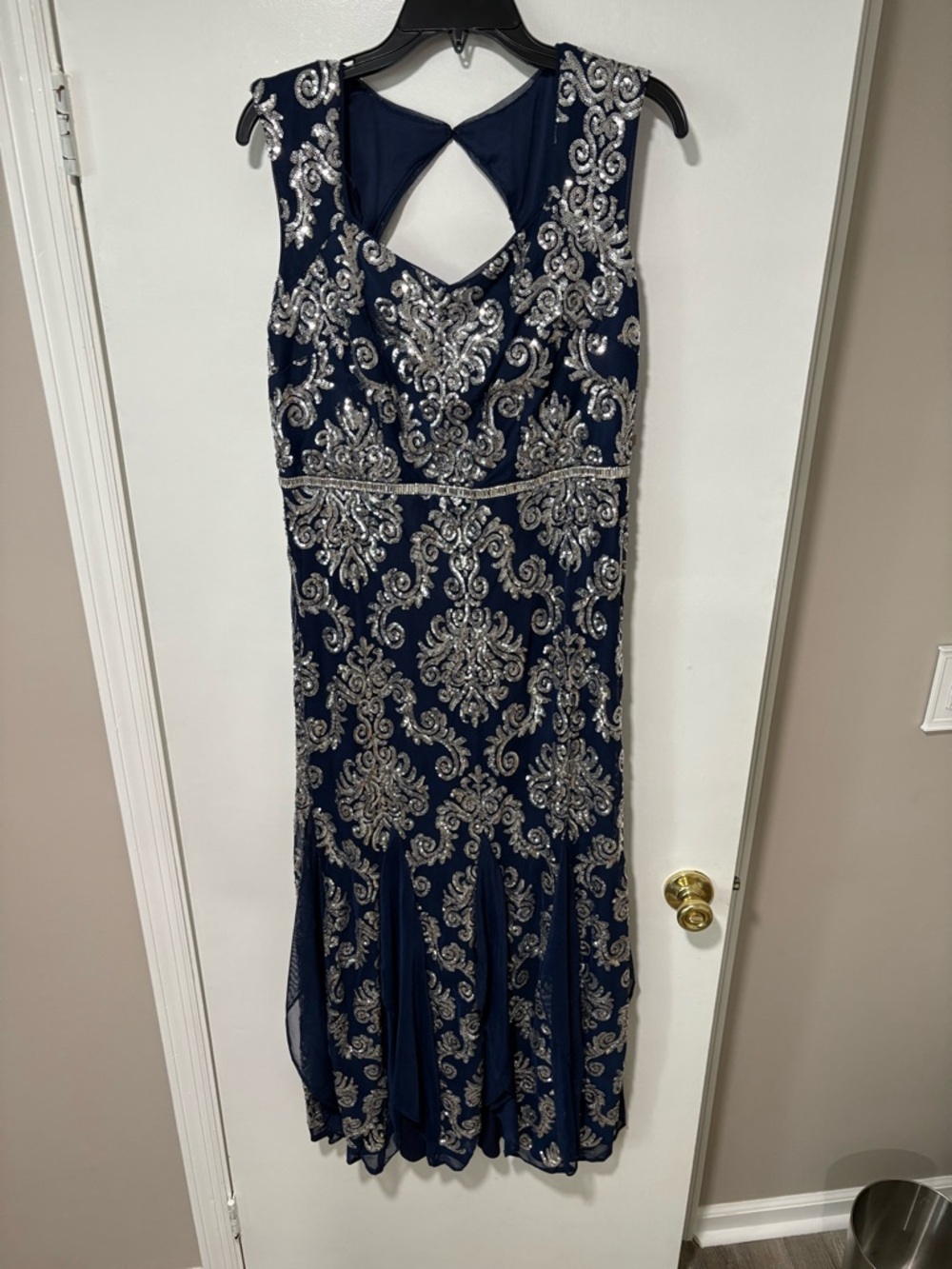 R&M Richards Navy Dress with Silver Embellished Scrollwork